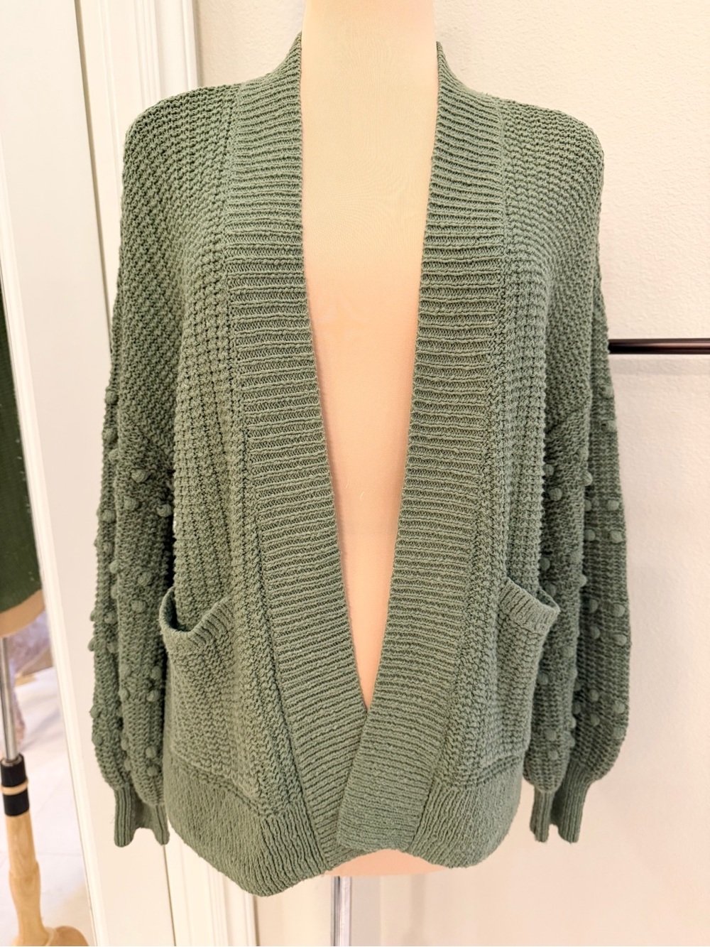 Madewell Bobble Cardigan Sage Green Cotton Balloon Sleeve Sweater Small